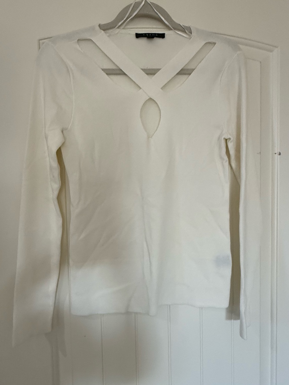 Cyrus White Long-Sleeve Top with Crisscross Keyhole